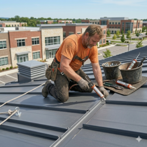 Commercial roofing contractors installing large-scale industrial waterproofing setups on a warehouse roof.