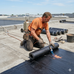 Waterproofing specialist applying premium torch-on lining membrane to a flat concrete roof structure.