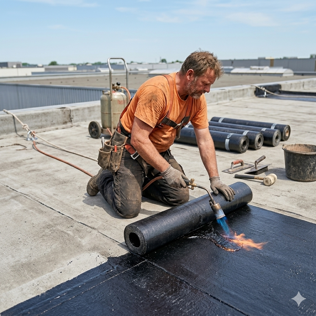 Waterproofing specialist applying premium torch-on lining membrane to a flat concrete roof structure.