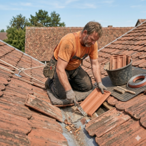 Roofing specialist clearing valleys and replacing worn flashings during a proactive roof maintenance service.