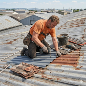 Roofing contractor performing rust treatment, sealing, and re-screwing on a corrugated iron roof.