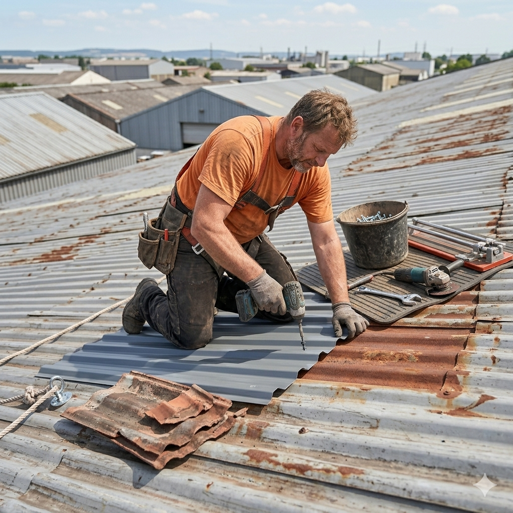 Roofing contractor performing rust treatment, sealing, and re-screwing on a corrugated iron roof.