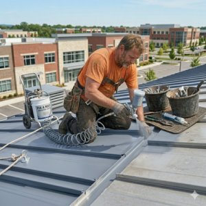 Contractor applying premium protective roof coatings to shield a home from UV rays and heavy rain.