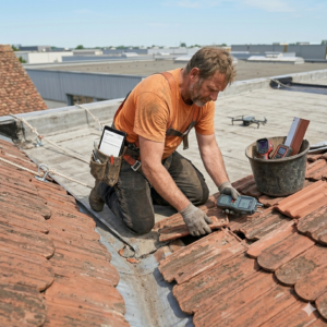 Qualified roof inspector checking structural safety and checking for leaks to compile a roof assessment report.