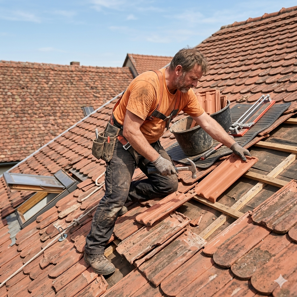 Professional roofing contractor repairing damaged clay roof tiles to fix a roof leak in Johannesburg and Durban.